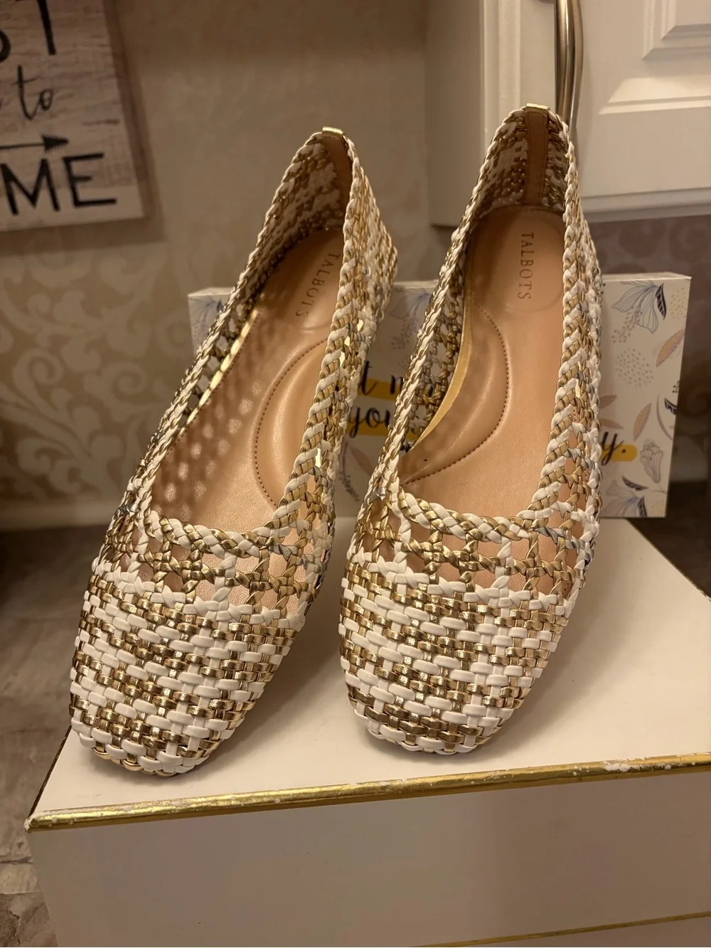 Talbots Woven Ballet Flats in White and Gold Metallic